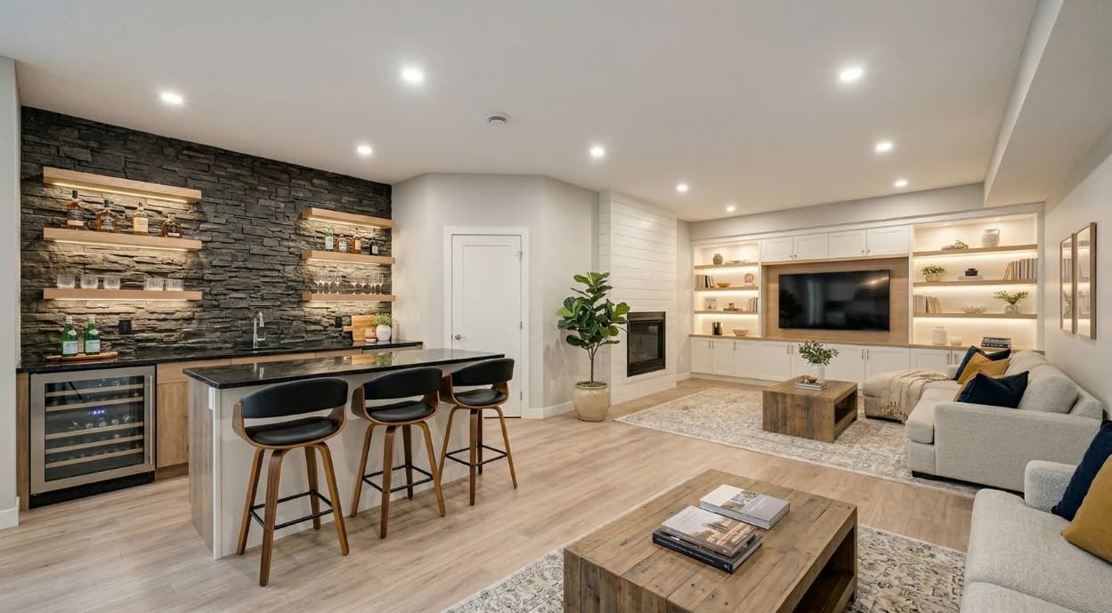 Finished basement development in Calgary with wet bar and living area by PCND