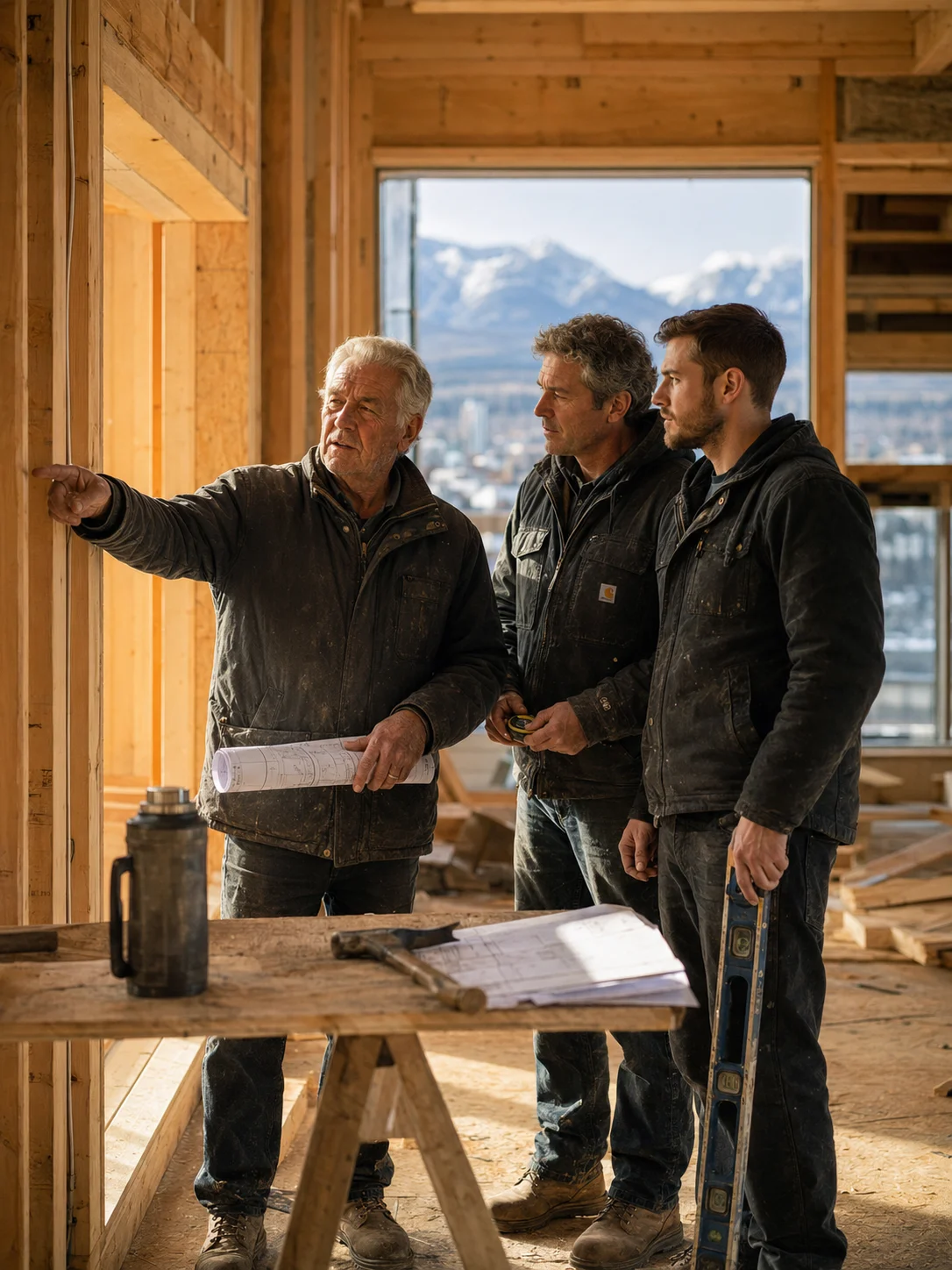 John Olivito reviewing blueprints with his crew on a Calgary construction site