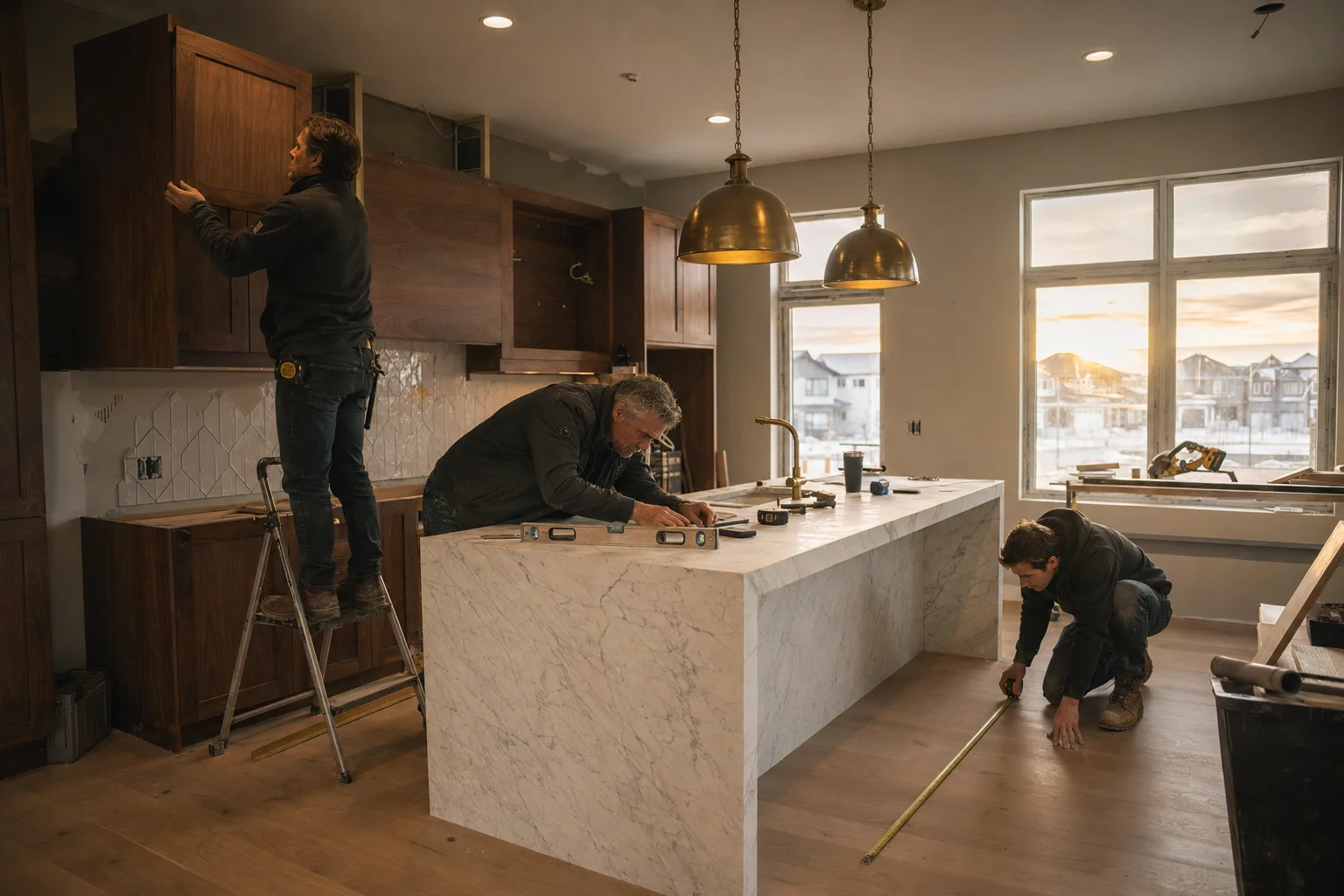 The Olivito crew installing cabinetry, marble, and finish flooring on a high-end Calgary kitchen renovation